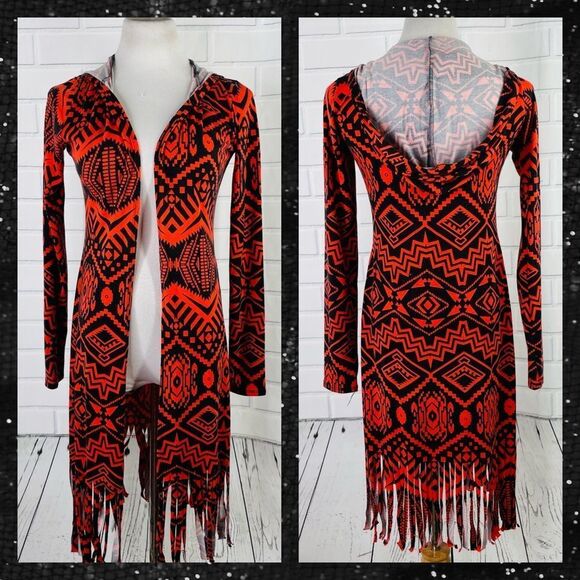 Free Kisses Orange & Black Aztec Fringe Hooded Open Front Cardigan Duster - M - Picture 1 of 11